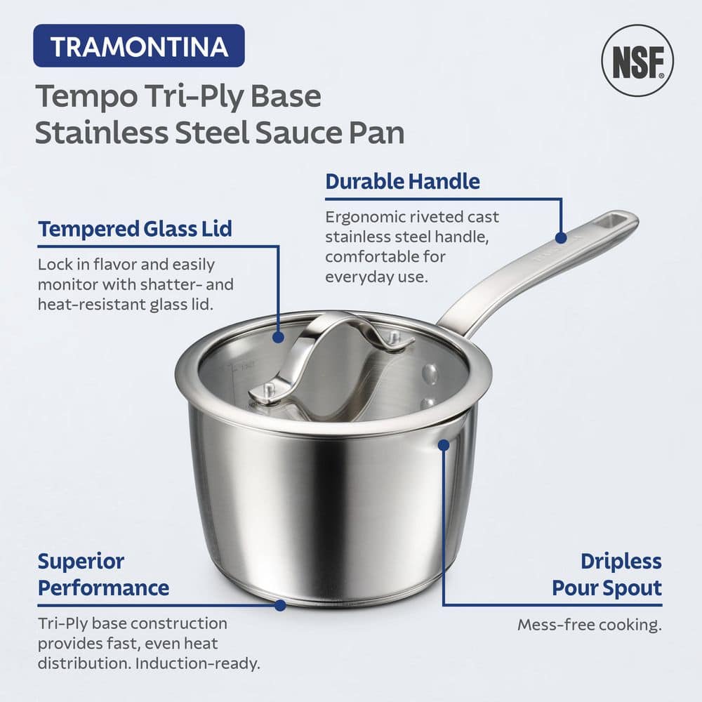 Tramontina Tempo 2 Qt. Tri-Ply Base Stainless Steel Covered Saucepan