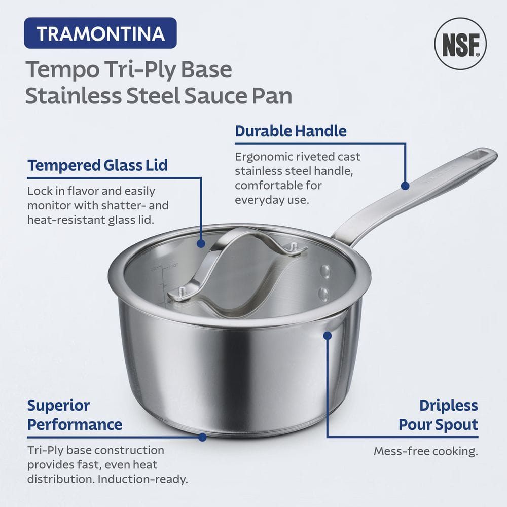 Tramontina Tempo 3 Qt. Tri-Ply Base Stainless Steel Covered Saucepan