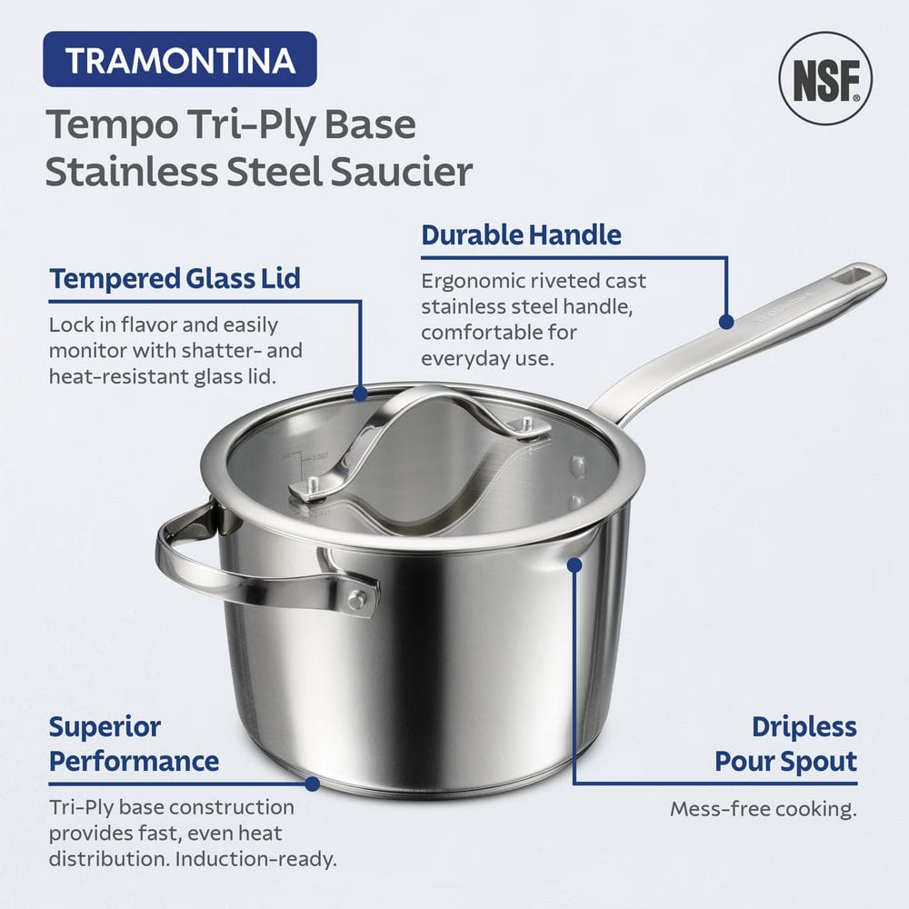 Tramontina Tempo 4 Qt. Tri-Ply Base Stainless Steel Covered Saucier Pan