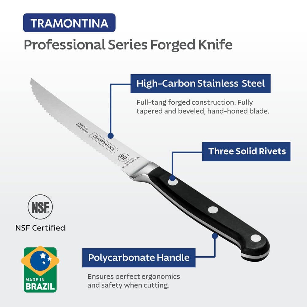 Tramontina Pro Series 5 Inch High-Carbon Steel Full Tang Forged Serrated Steak Knife With Nylon Handle (Set Of 4)