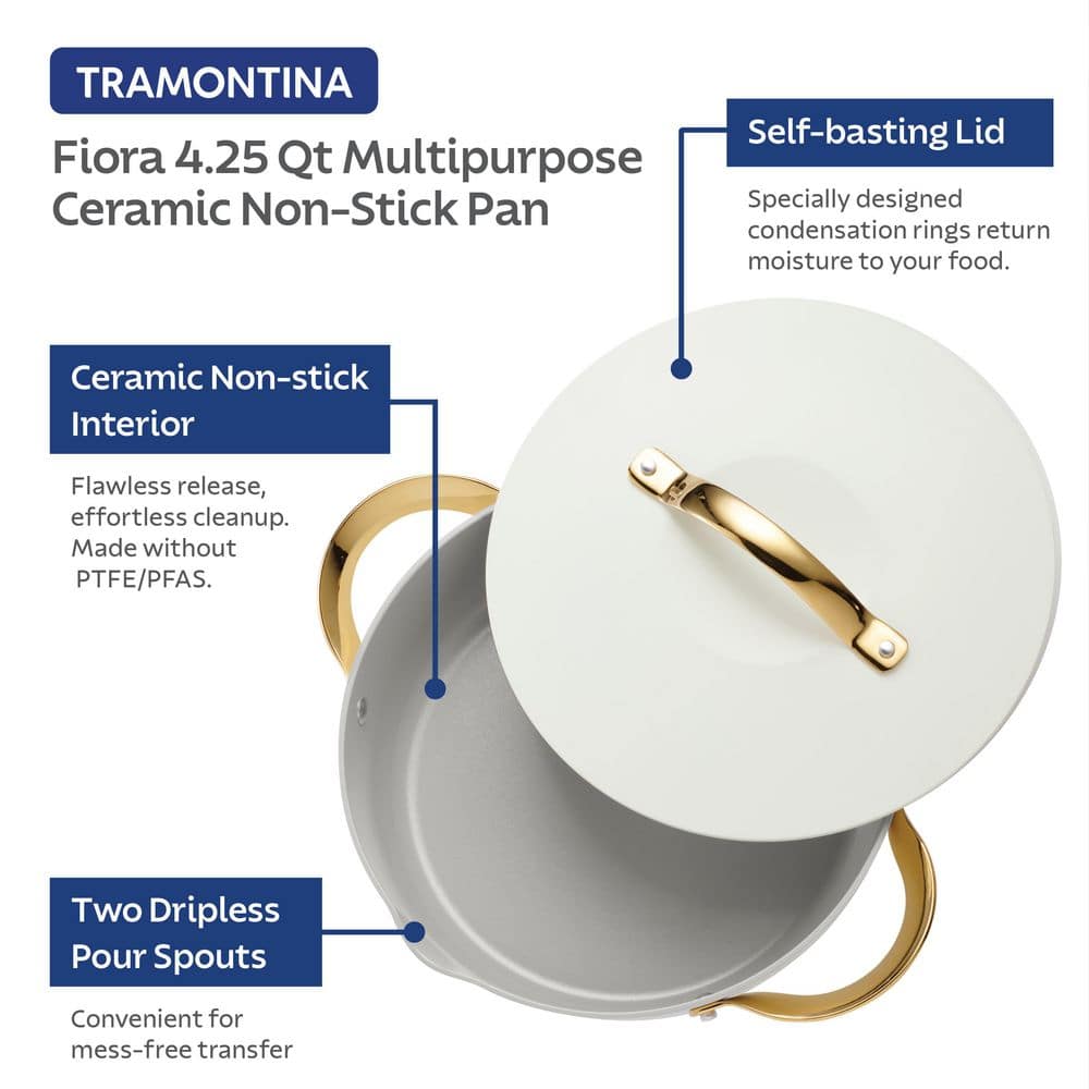 Tramontina Fiora 12 In 4.25 Qt Aluminum Ceramic Non-Stick Frying Pan With Lid-White